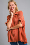 Umgee Full Size Cotton Gauze Mineral Wash Button Down Shirt Plus Size