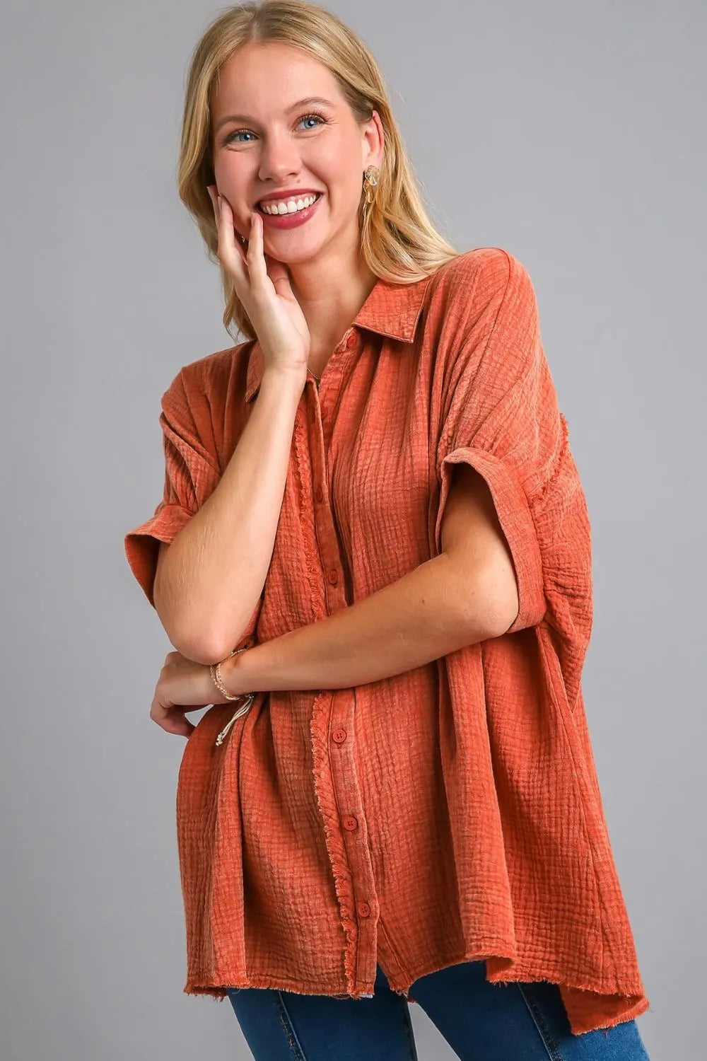 Umgee Full Size Cotton Gauze Mineral Wash Button Down Shirt Plus Size
