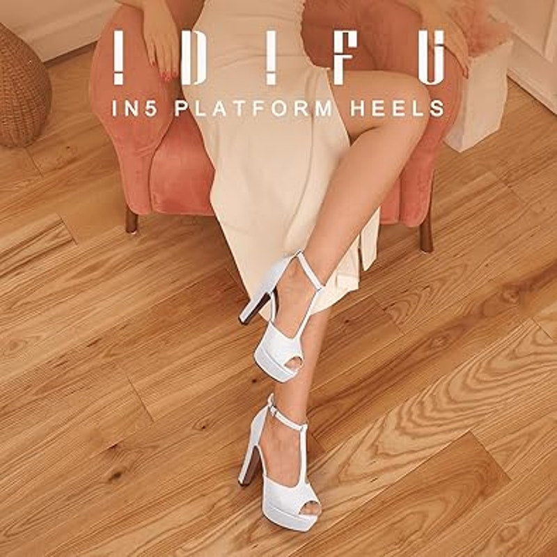 New Idifu Womens Size 8 White Peep Toe Ankle T Strap 5" Platform Heels Shoes