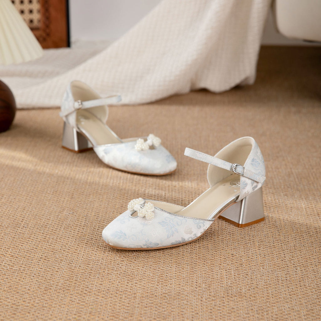 Women's Jacquard Platform Heels | Pearl Bow Square-Toe Chunky Heel Shoes