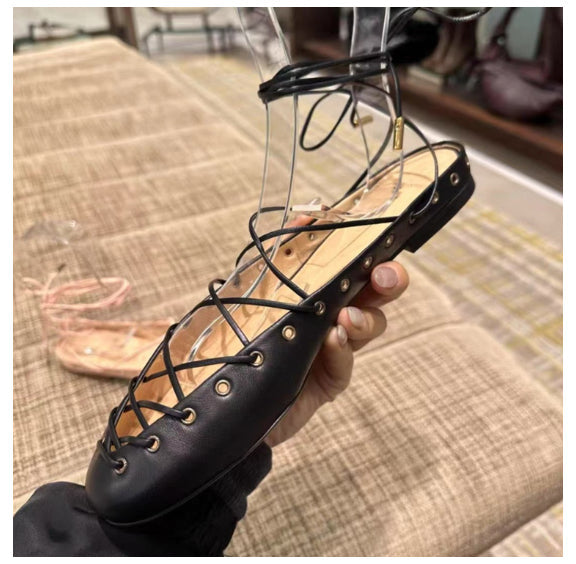 Women's Cross-Strap Leather Ballet Flats - Casual Roman Sandals