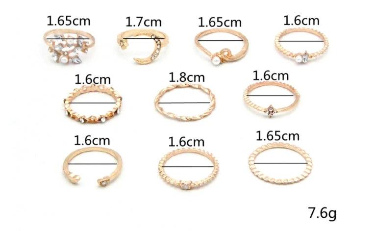 Mandotos Bohemian Star Moon Pearl Leaf 10-Piece Ring Set With Gold Finish And Stackable Designs