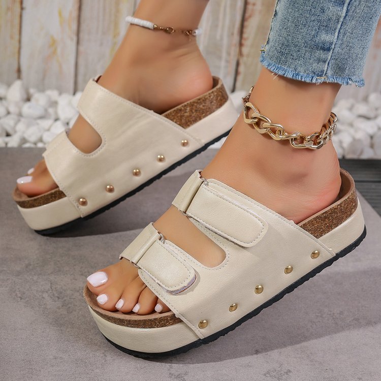 Women's Platform Sandals with Velcro Straps - Thick Sole Beach Shoes with Rivet Details
