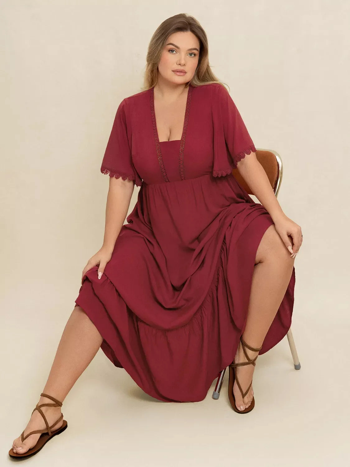 Plus Size Lace Detail Flutter Sleeve Maxi Dress