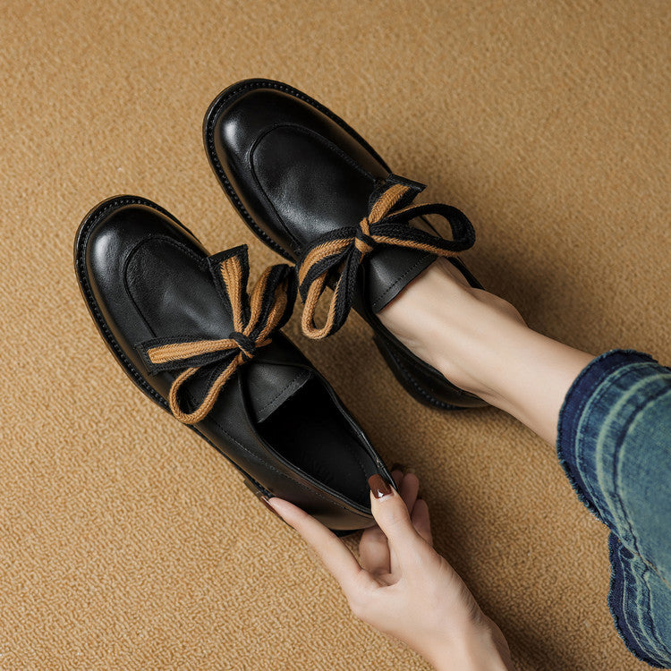 Women's Leather Bow Pumps | Retro Round Toe Chunky Low Heel Loafer Shoes