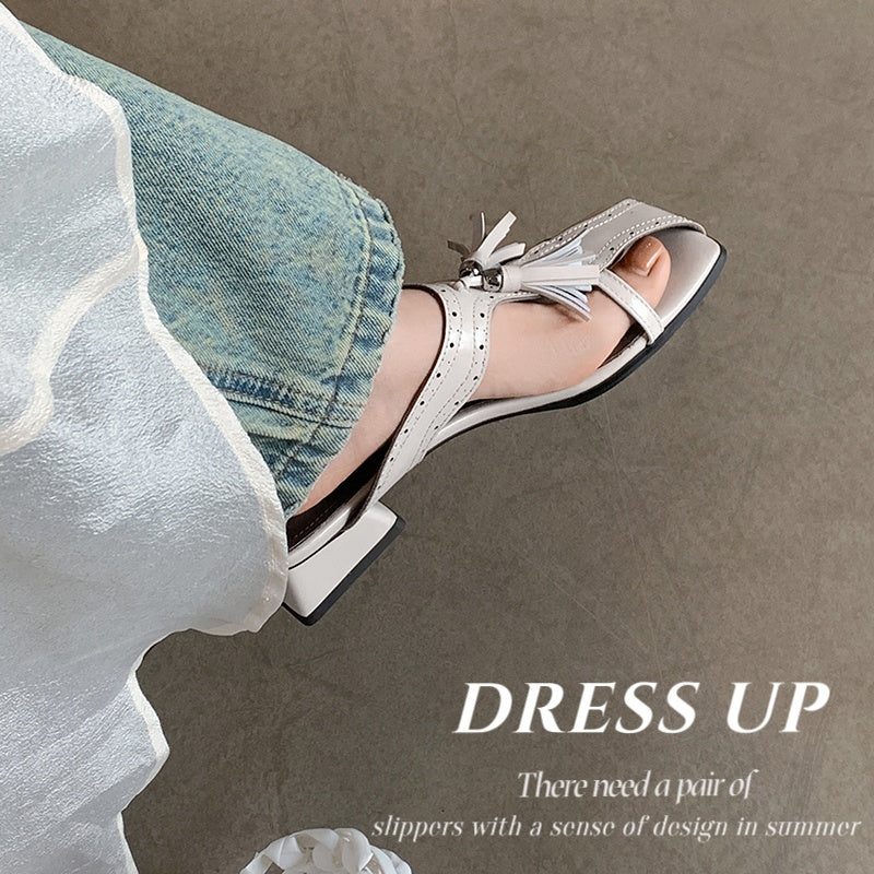 Women's Tassel Slide Sandals | Square Toe Block Heel Cowhide Mules