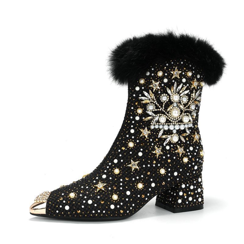 Women's Winter Fleece-Lined Chunky Heel Ankle Boots - Warm Rhinestone Split-Toe Booties