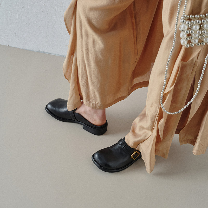 Women's Full Grain Leather Buckle Mules | Retro Low Block Heel Backless Shoes