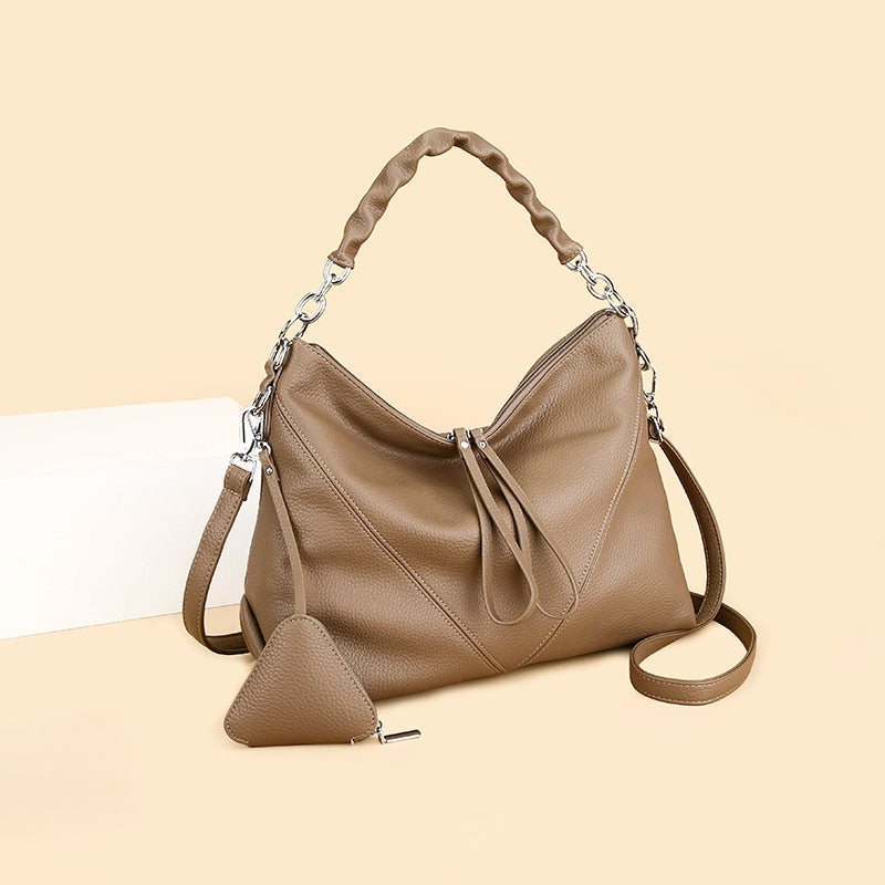 Women's Genuine Leather Chain Shoulder Crossbody Bag with Triangle Pouch
