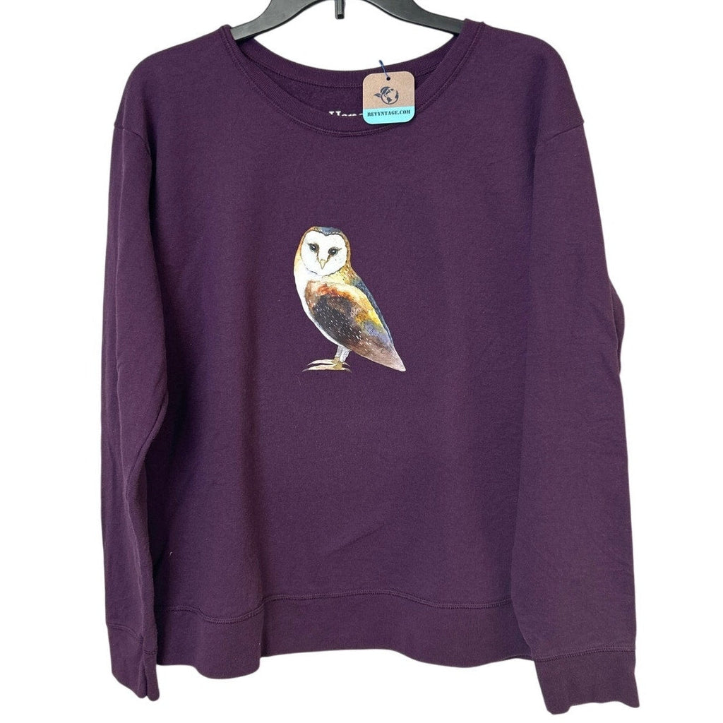 Upcycled Hand Printed Womens XL Woodland Owl Bird Long Sleeve Sweatshirt