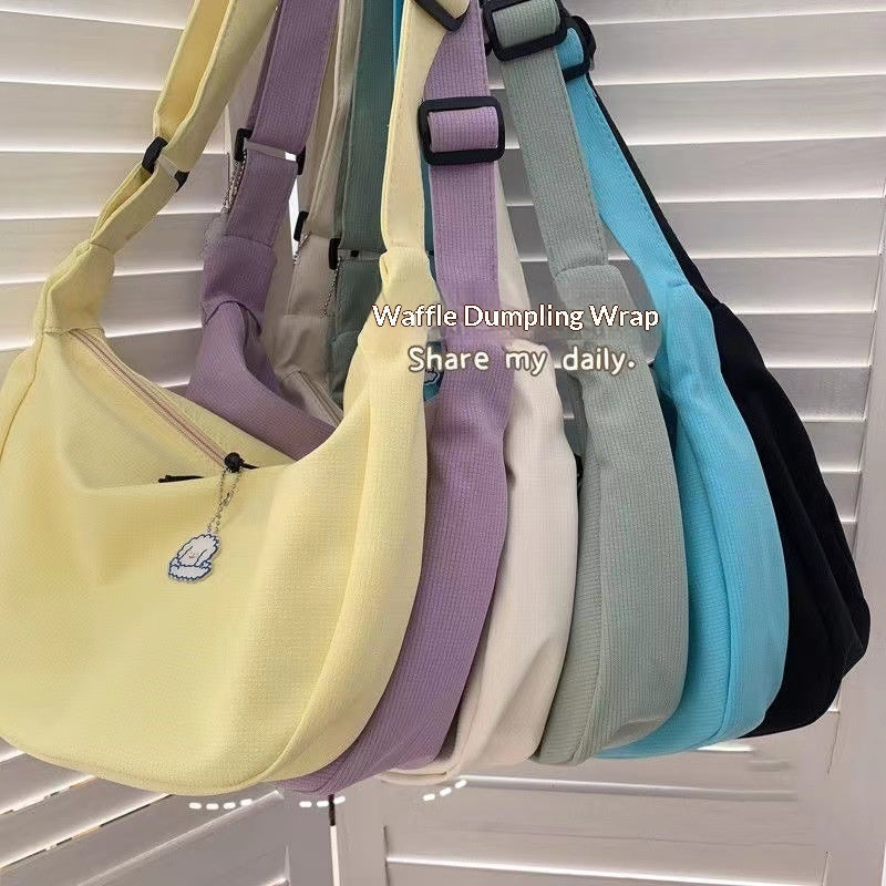 Women's Waffle Weave Shoulder & Crossbody Bag – Dumpling Shape with Puppy Charm