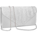Gray Silver Rhinestone Satin Envelope Evening Optional Chain Clutch Purse