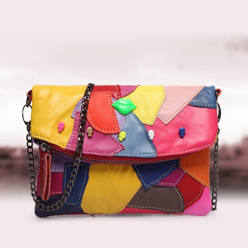 Patchwork Leather Crossbody Bag - Genuine Sheepskin Chain Shoulder Bag