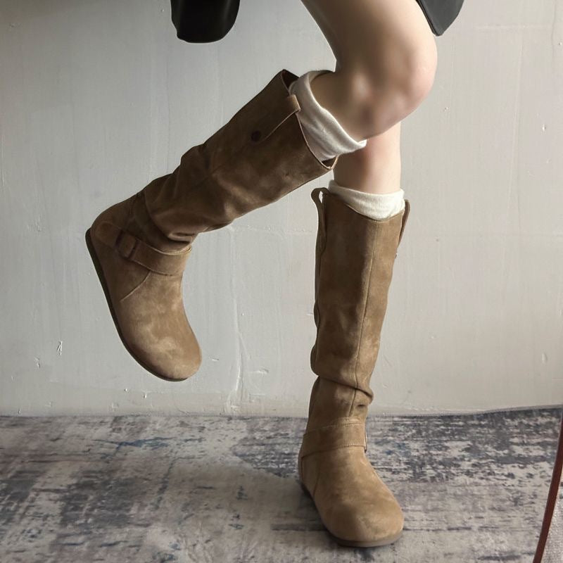 Women's Vintage Denim Lace-Up Long Boots – Mid Heel Round Toe All-Season Boots