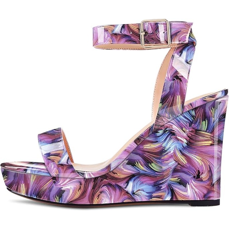 Aachcol Womens Size 9 Purple 4" Wedge Heel Open Round Toe Ankle Strap Shoes