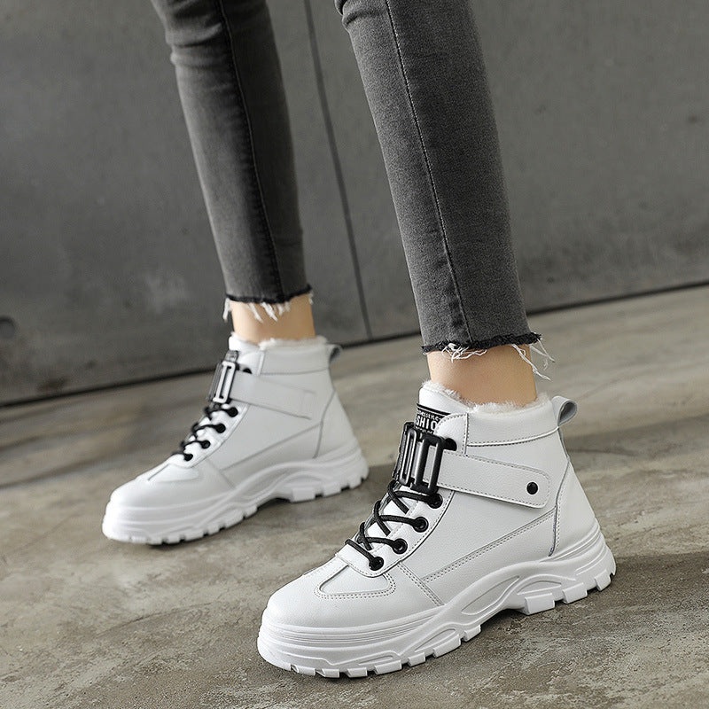 Women's Waterproof Platform High-Top Sneakers | Leather Stitching Plush Lining