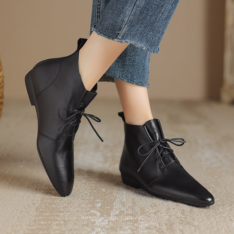 Women's Vintage Round Toe Ankle Boots - Genuine Leather Slip-On Chunky Heel Winter Boots