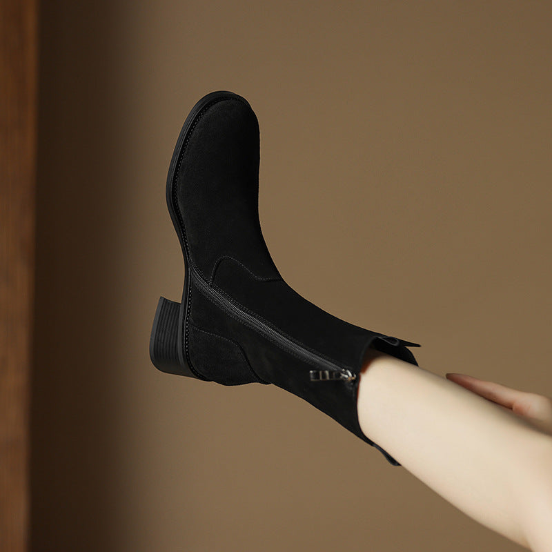 Women's Retro Western Chunky Heel Ankle Boots – Genuine Leather Side Zipper