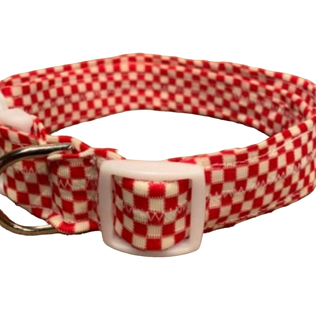 New Handmade Adjustable Upcycled Neck Tie Picnic Red White Checked Dog Collar