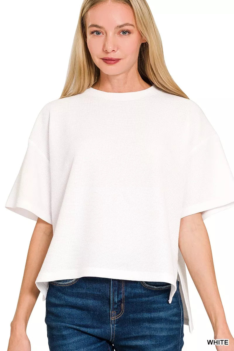 Zenana Full Size Double Knit Side Slits Hi Low Short Sleeve Top Plus Size