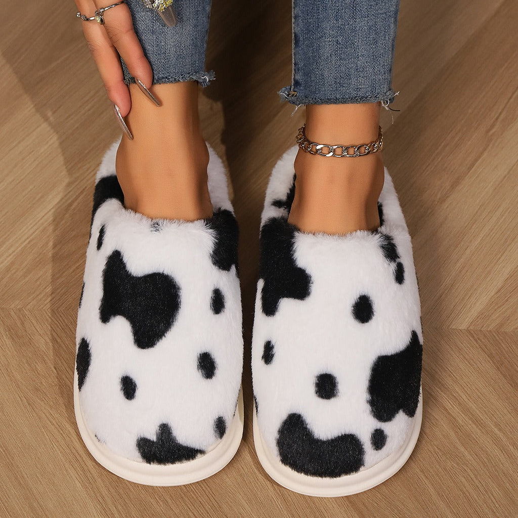 Cow Print Plush Slippers – Unisex Winter Slippers