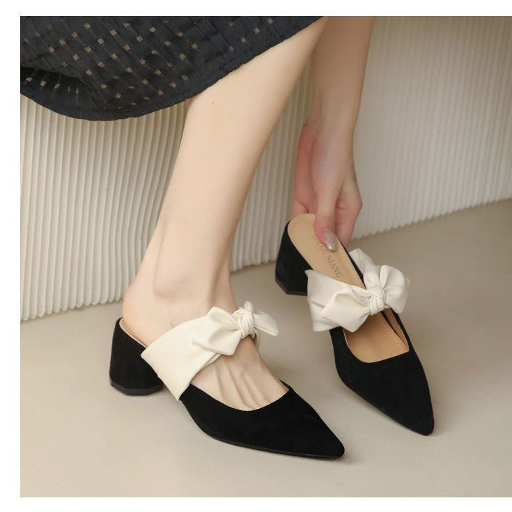 Women's Chunky Heel Pointed Toe Slip-On Heels with Bow | French Style Block Heels