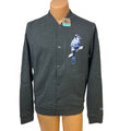 New Champion Mens Small Dark Gray Snap Up Hand Printed Blue Jay Bomber Jacket
