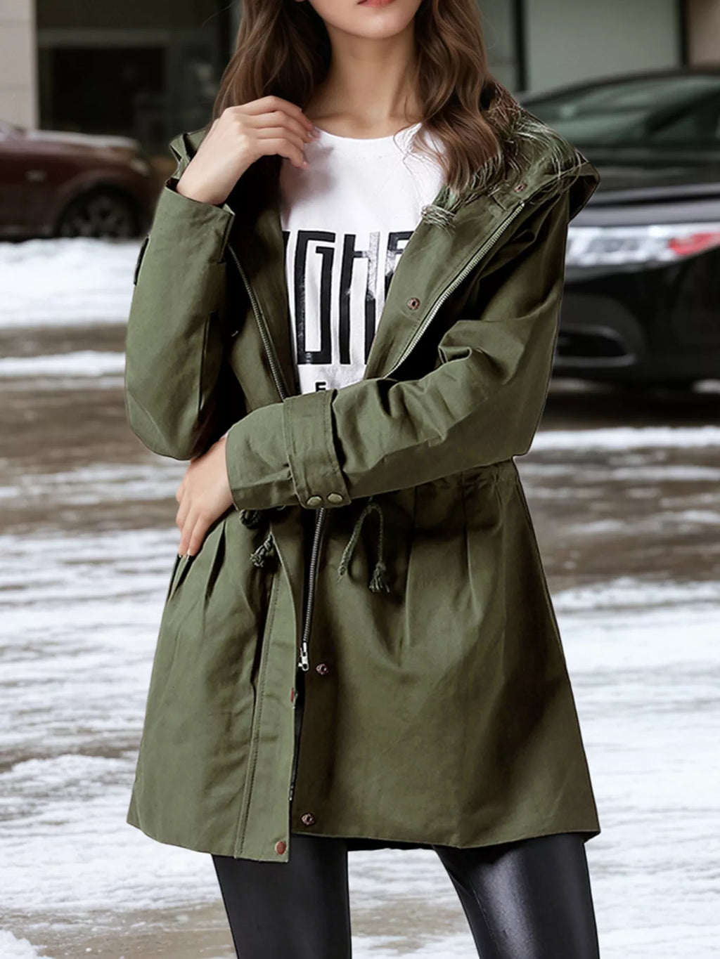 Plus Size Hooded Drawstring Waist Trench Coat
