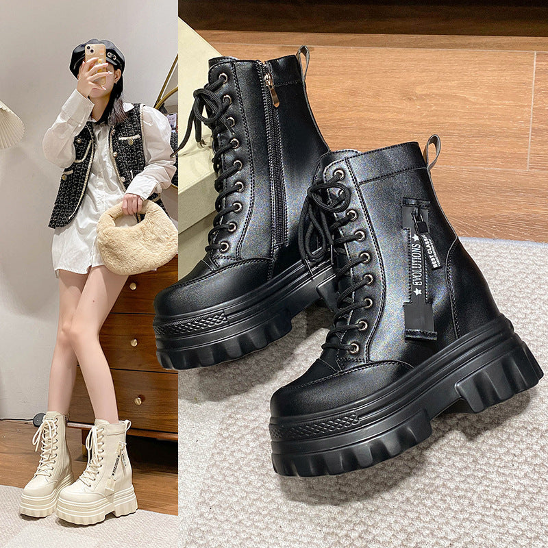 Women's High-Top Ankle Boots | Chunky Heel Side Zipper Lace-Up | Non-Slip Rubber Sole | Black & Beige