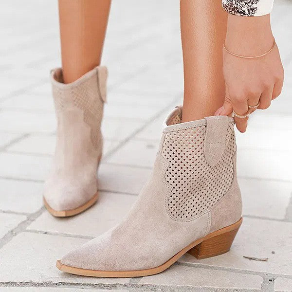 Women's Embossed Suede Mid-Heel Boots - Pointed Toe Slip-On Ankle Boots in Large Sizes