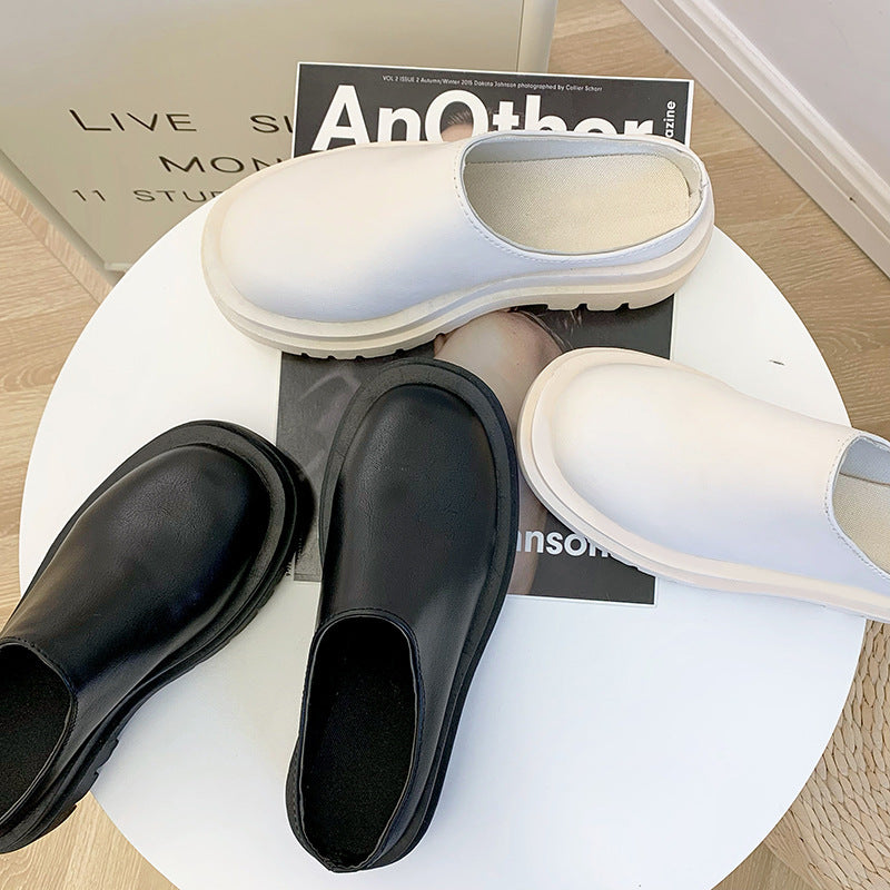 Women's Chunky-Soled Closed-Toe Mules | Round Toe Slip-On Casual Shoes | Beige & Black