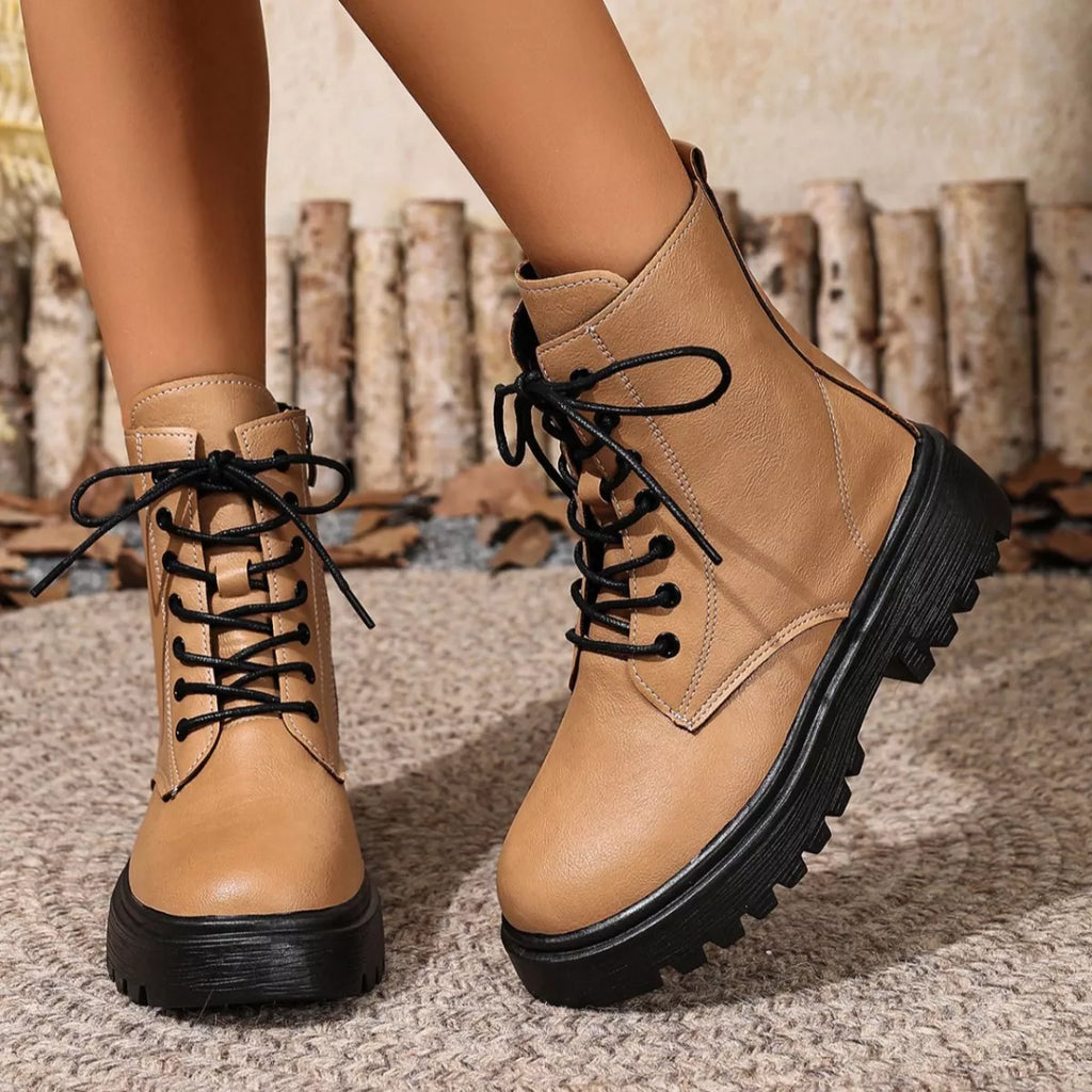 Women's Lace-Up Ankle Combat Boots | Low Heel PU Leather | Khaki Pink Brown