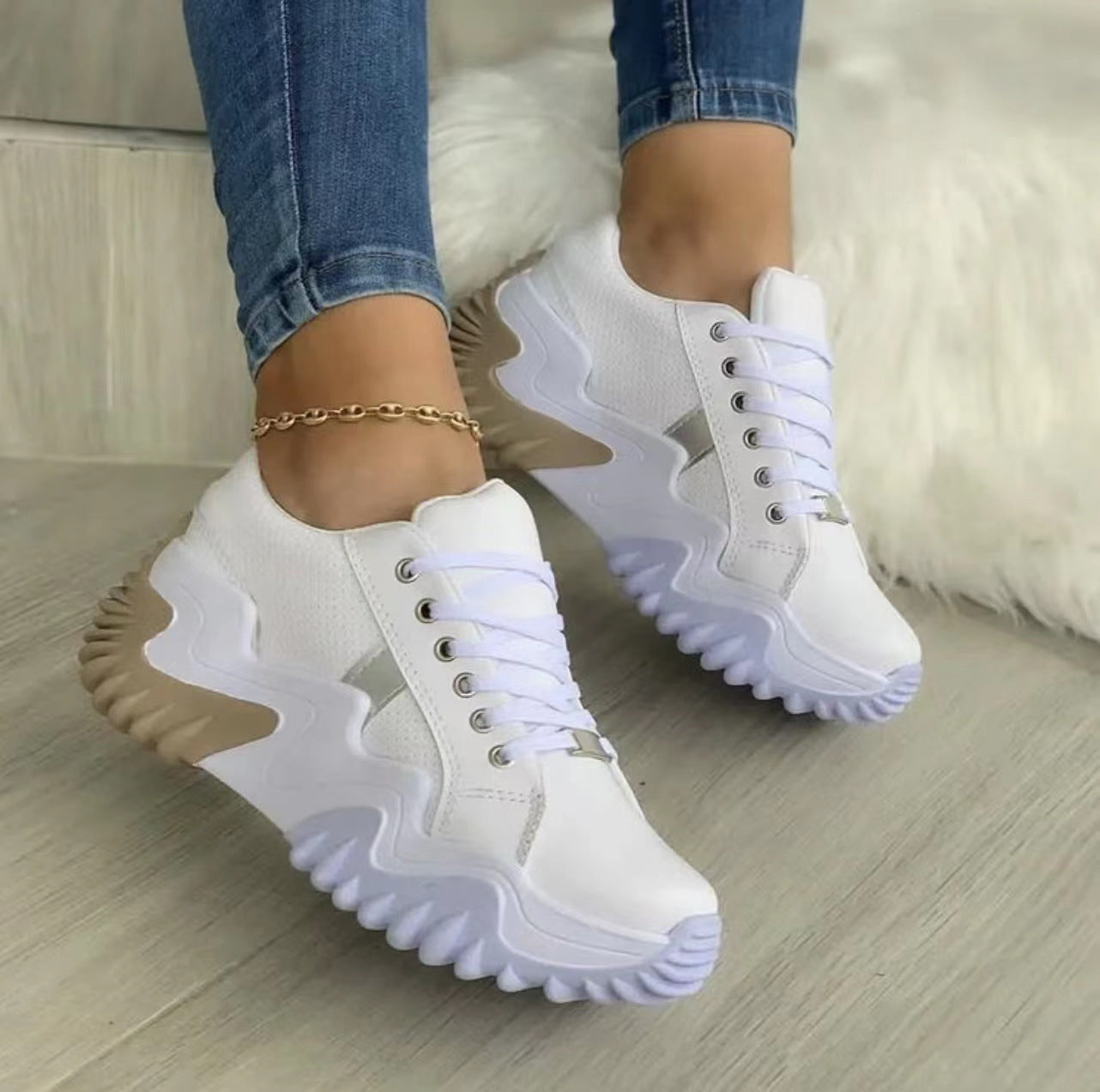 Women's Lace-Up Platform Sneakers | Patent Leather Round-Toe Chunky Heels
