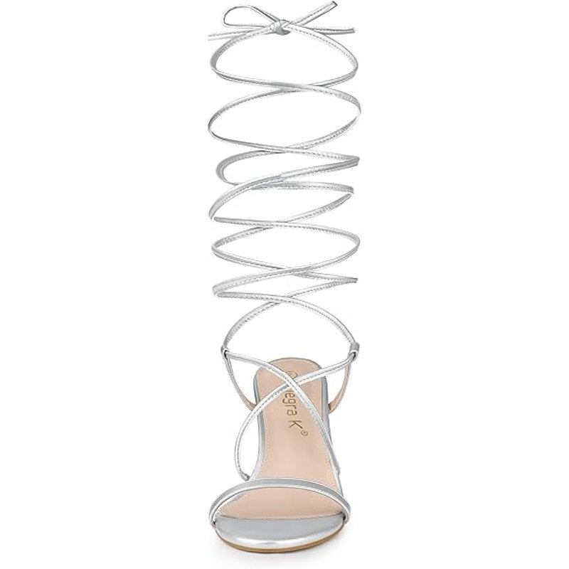 Allegra K Womens Size 9 Silver 3.5" Chunky Heel Lace Up Open Round Toe Shoes