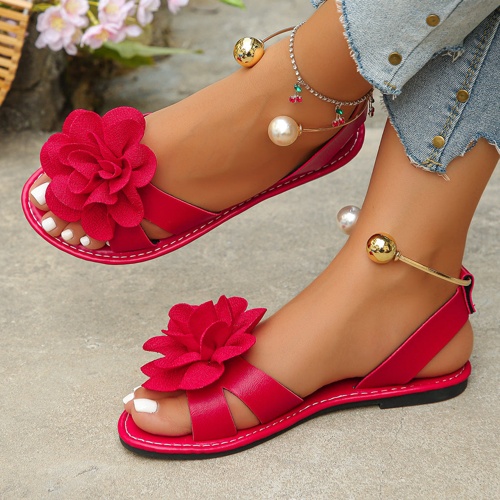 Women's Pearl Strap Flat Sandals - Elegant Open Toe Summer Sandals with Floral Design