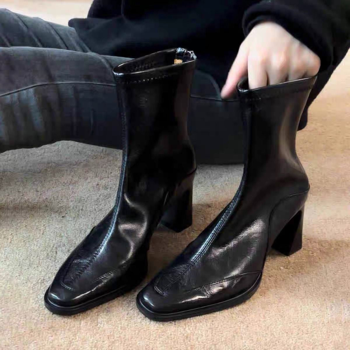 Women's Chunky Heel Vintage Dr Boots - Square Toe Ankle Boots with Back Zipper