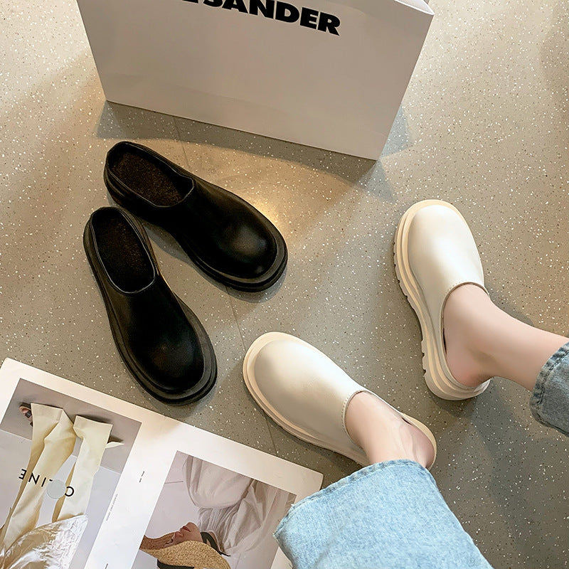 Women's Chunky-Soled Closed-Toe Mules | Round Toe Slip-On Casual Shoes | Beige & Black