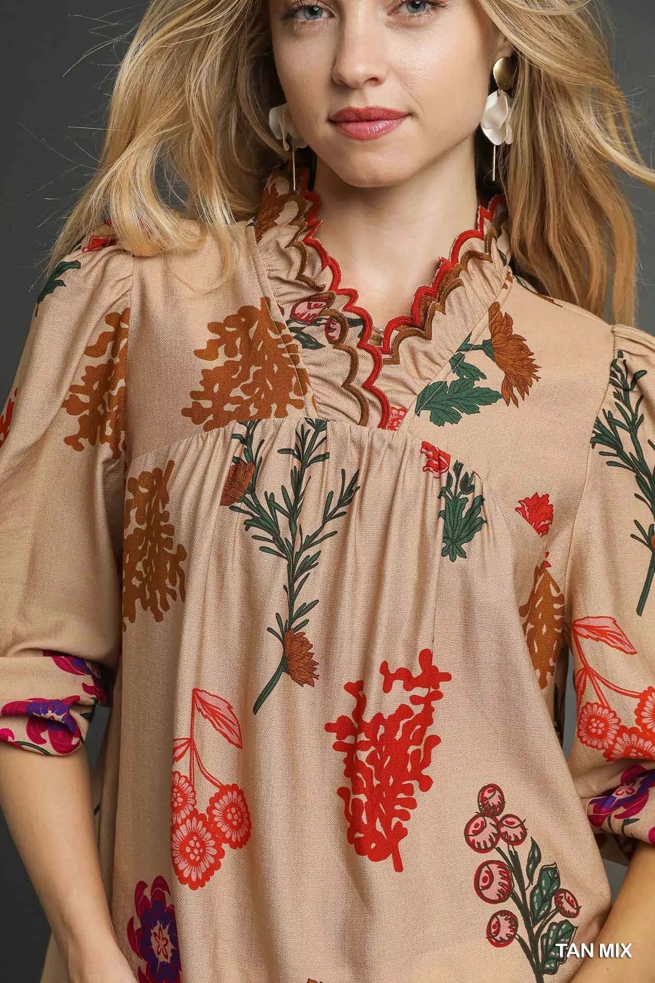 Umgee Flower Print Blouse with Scalloped Neckline