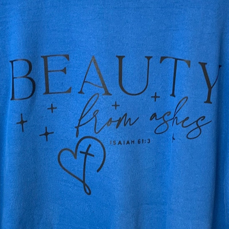 Upcycled Hand Printed Mens 2XL Blue Beauty From Ashes Isaiah 61:3 Sweatshirt