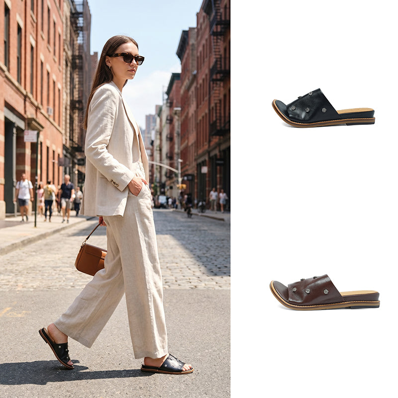 Women's Studded Leather Slide Sandals | Open Toe Flat Mules