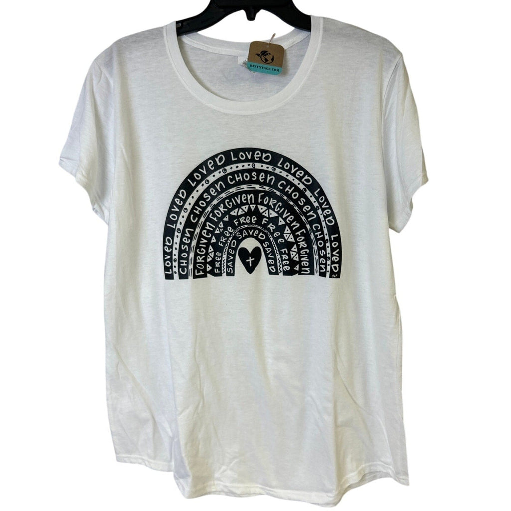 New Hand Printed Womens 2XL Jesus Loved Chosen Forgiven Free Rainbow Tee Shirt