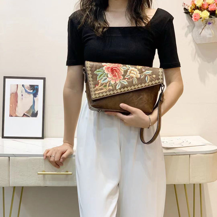 Embroidered Chinese-Style Women's Handbag - PU Leather Crossbody Shoulder Bag with Multiple Compartments