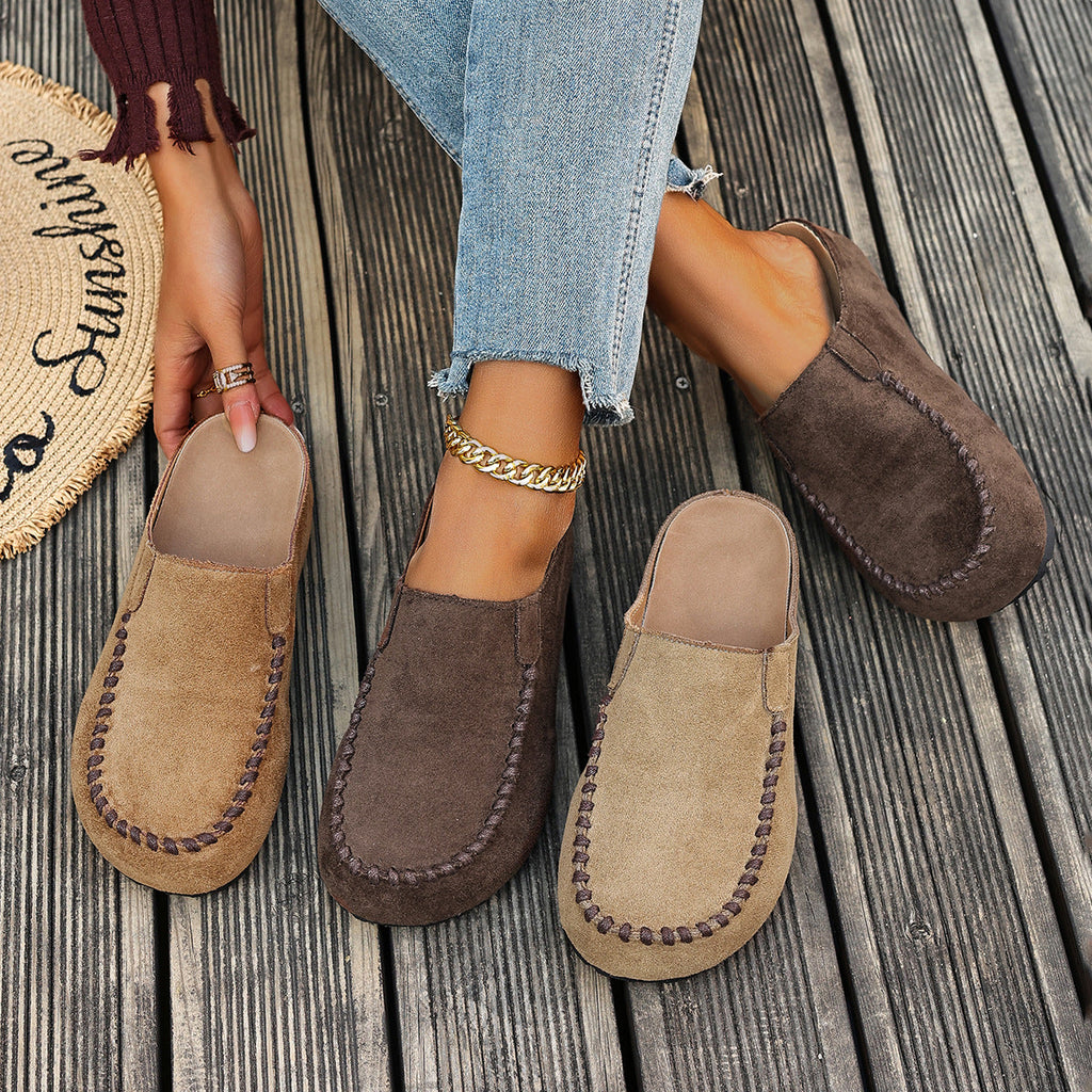 Women's Outdoor Closed-Toe Suede Half-Slipper | Thick PU Sole | Slip-On Vintage Style