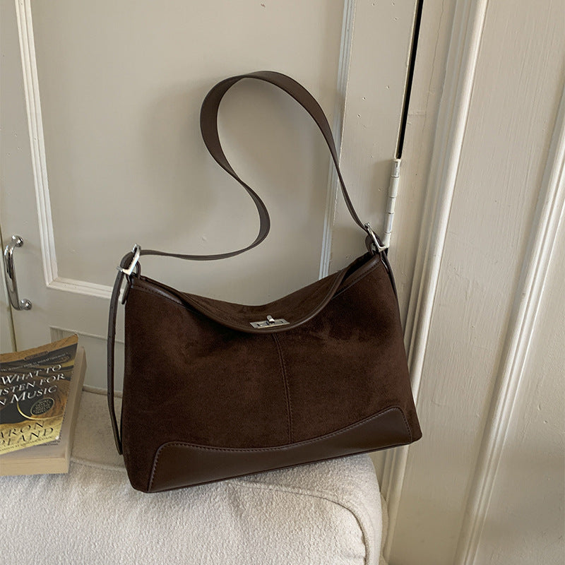 Women's Suede Bucket Crossbody Bag – Lock-Clasp Shoulder Bag with Double Straps