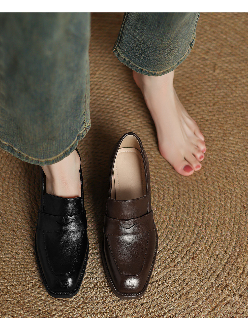 Women's Retro Square-Toe Chunky-Heel Slip-On Loafers – Sheepskin Leather