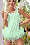 BiBi French Terry Faux Feather Bottom Back Tied Top