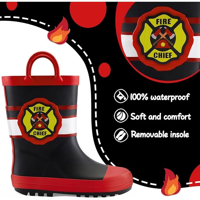 Mysoft Toddler Kids Size 7 Red Black Fire Chief Pull On Handles Rain Boots