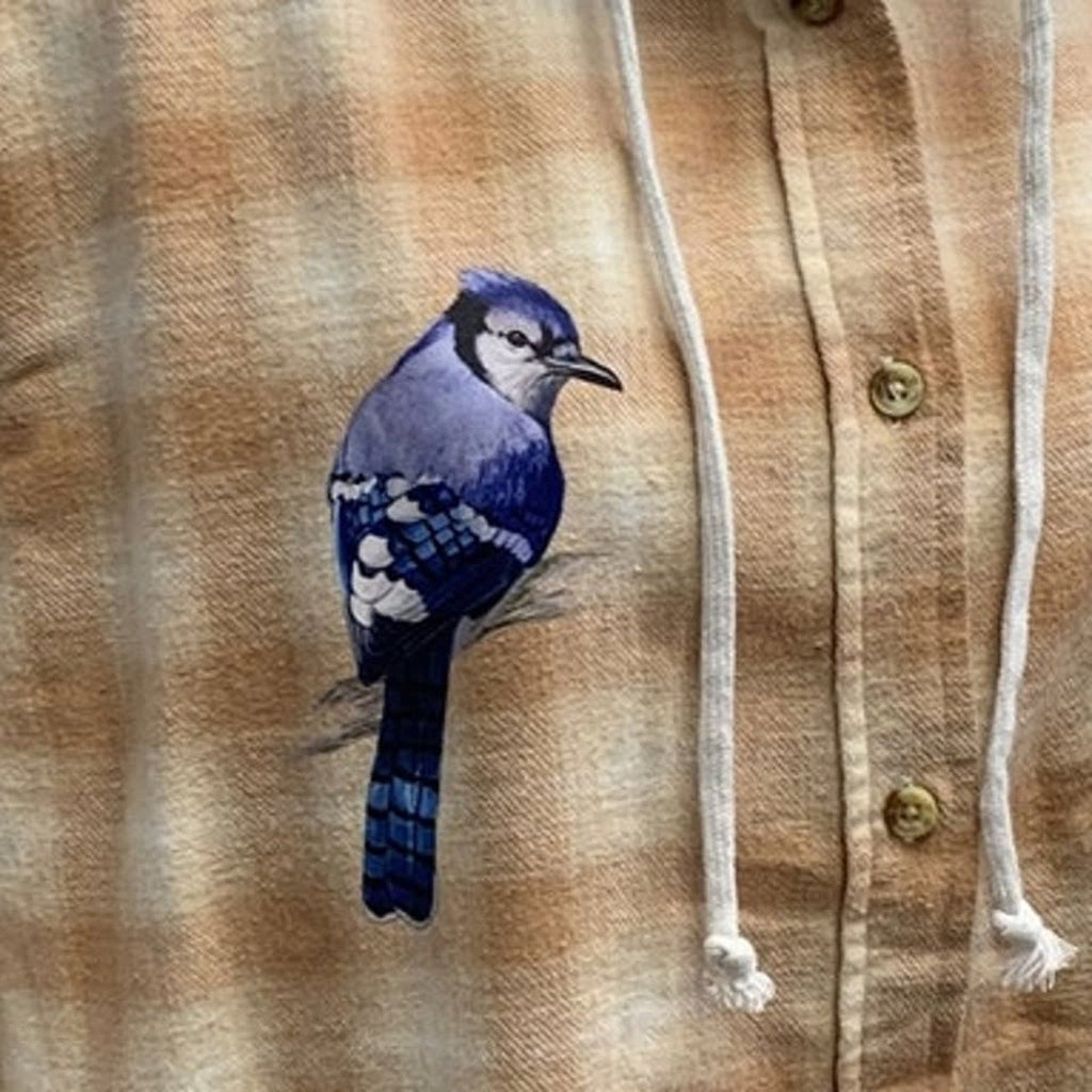 New Hand Printed Womens Small Blue Jay Bird Plaid Flannel Long Sleeve Hoodie