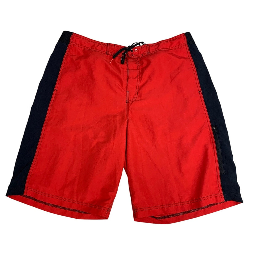 Speedo Mens 38 Red PolySpandex Adjustable Waist Side Stripe Lined Swim Trunks