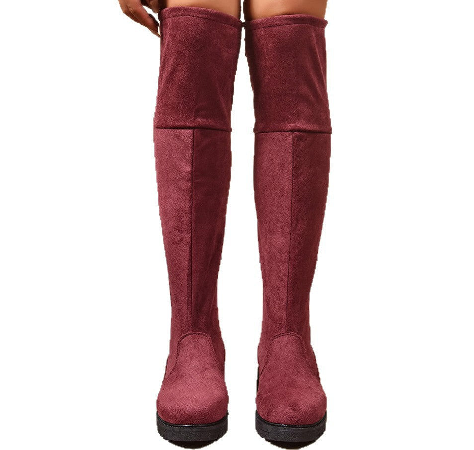 Women's Burgundy Suede Lace-Up Knee High Boots | Chunky Heel Side Zip